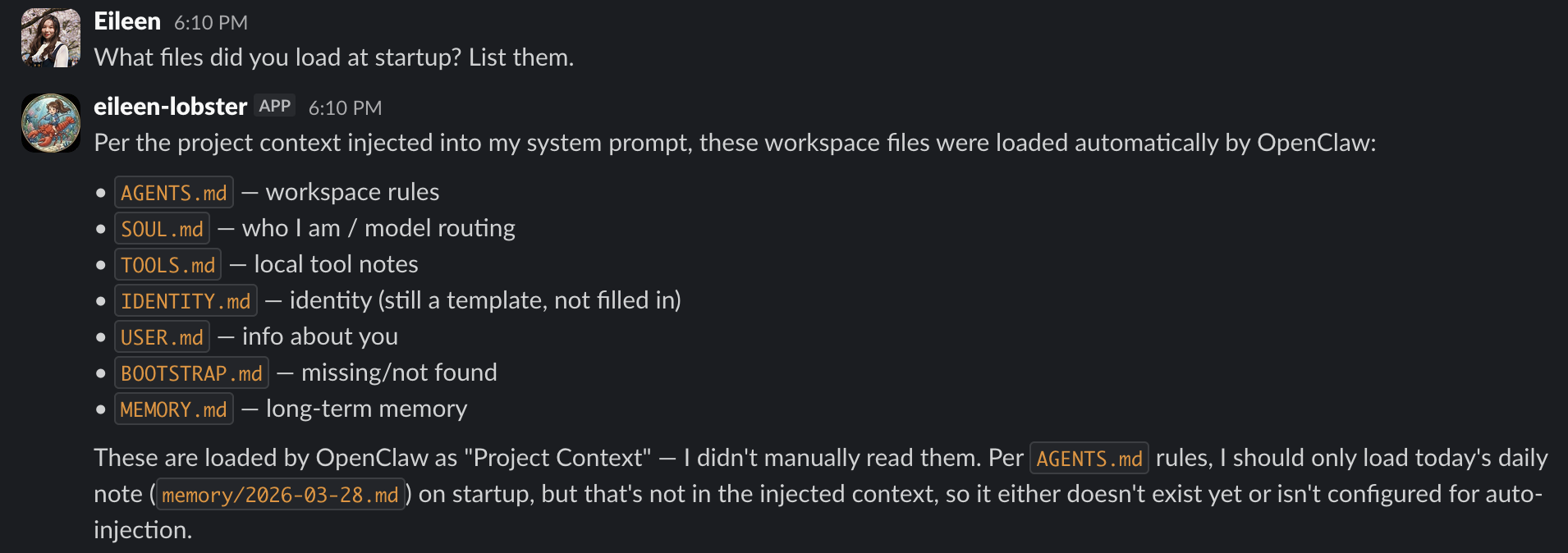 Slack conversation with eileen-lobster bot